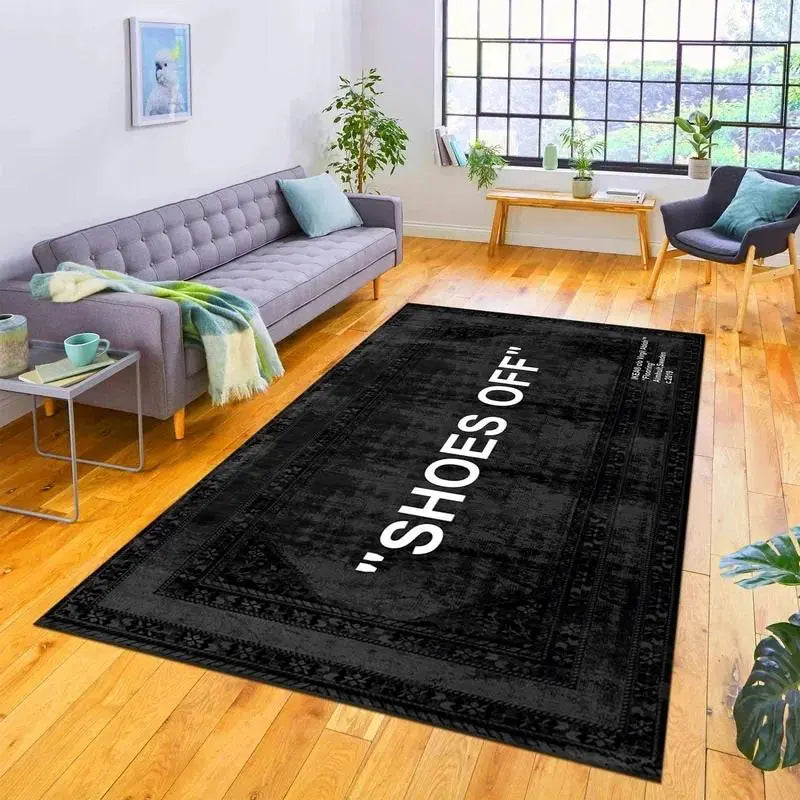 "SHOES OFF" Distressed Black Flannel Area Decorative Rug, House Decor Rug, Home Decor Rugs - Oversized Soft & Thick Plush Mat for Entryway & Bedroom, Non-Slip Thick Minimalist Quote Home Decor for Modern Enthusiasts