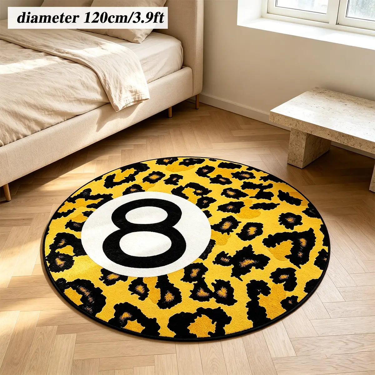 8 Ball Leopard Print Round Rug for Game Room, Man Cave, Dorm & Teen Bedroom, Soft Non-Slip Round Accent Rug, Anti Skid Rug, Perfect Retro Gift
