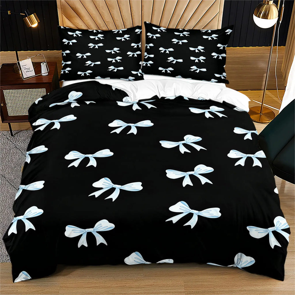 Bow print pattern soft, durable and High Quality bedding duvet set, including 1 duvet cover and 1 or 2 pillowcases, without a core or pillow, suitable for children or adults as gifts, modern style fashionable bedroom bed decoration