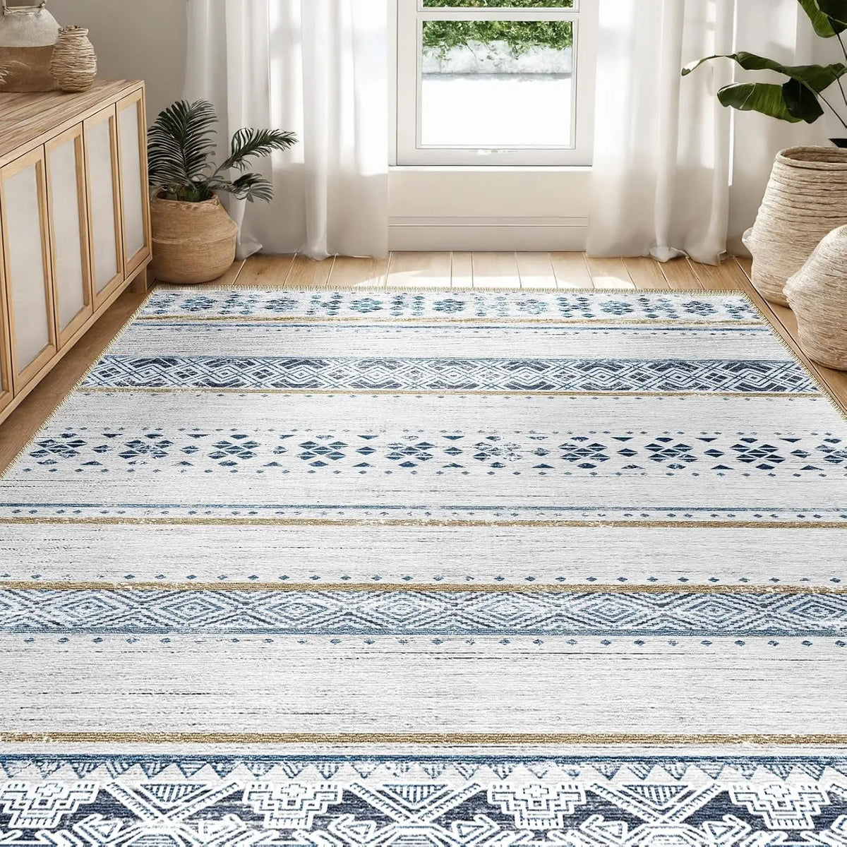 BESTSWEETIE Indoor Area Rugs - 8x10/9x12/10x14 Large Geometric Boho Rugs, Soft Faux Wool Low-Pile, Machine Washable, Non-Slip, Wrinkle Resistant, Print, Easy-Maintenance Distressed Western Carpets for Living Room Decor & Bedroom, Home Essentials