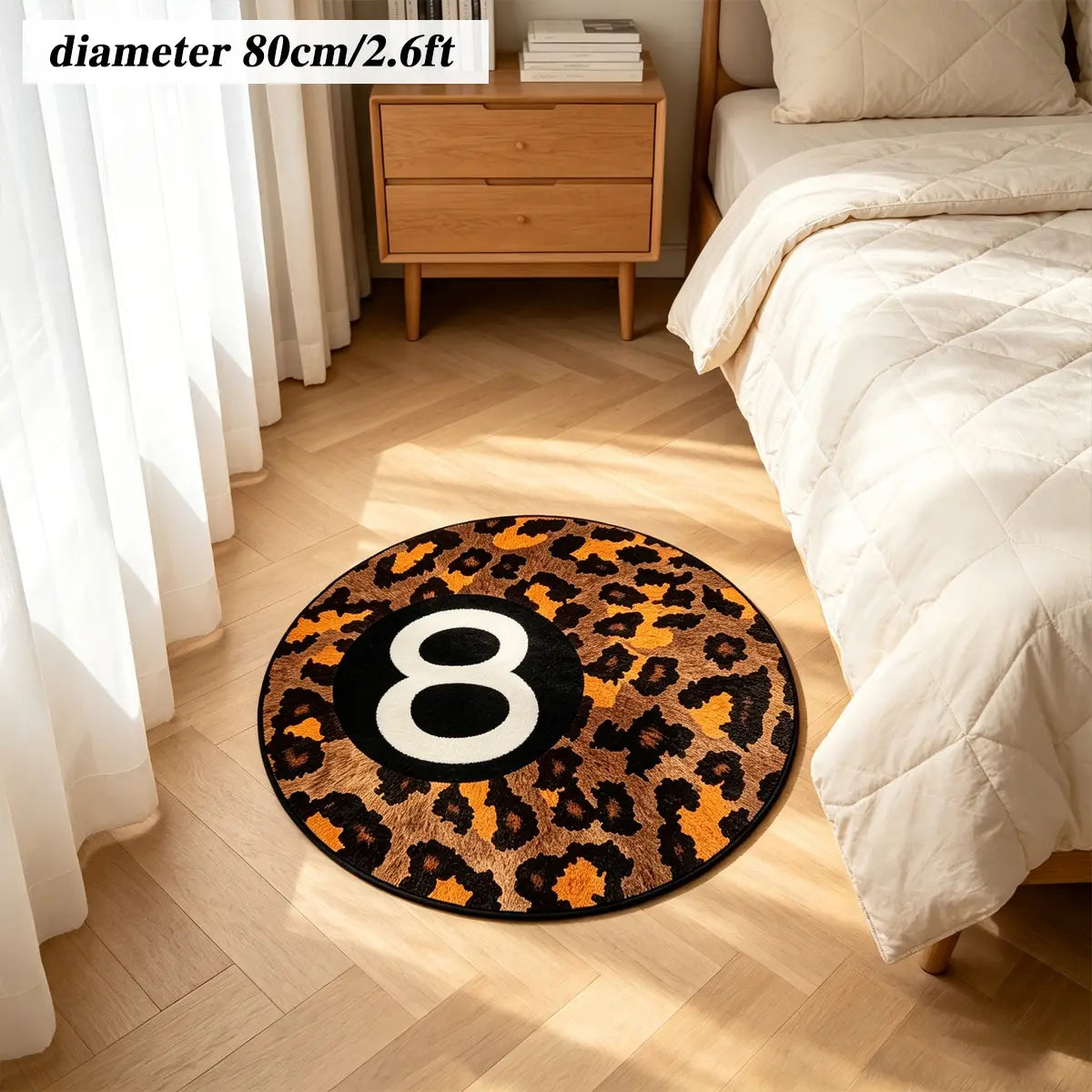 8 Ball Leopard Print Round Rug for Game Room, Man Cave, Dorm & Teen Bedroom, Soft Non-Slip Round Accent Rug, Anti Skid Rug, Perfect Retro Gift
