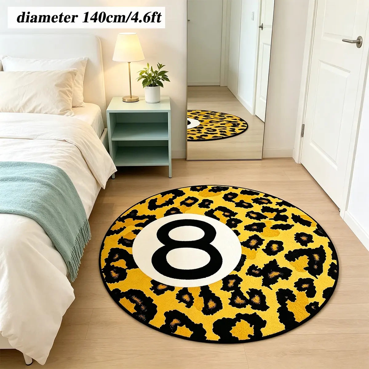8 Ball Leopard Print Round Rug for Game Room, Man Cave, Dorm & Teen Bedroom, Soft Non-Slip Round Accent Rug, Anti Skid Rug, Perfect Retro Gift