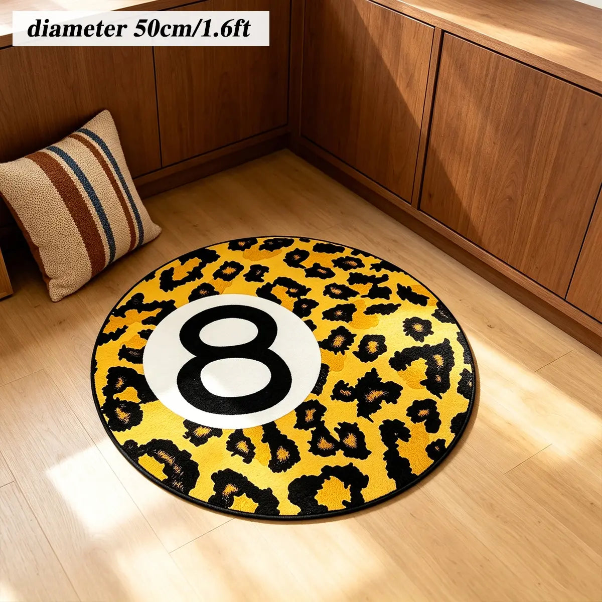 8 Ball Leopard Print Round Rug for Game Room, Man Cave, Dorm & Teen Bedroom, Soft Non-Slip Round Accent Rug, Anti Skid Rug, Perfect Retro Gift