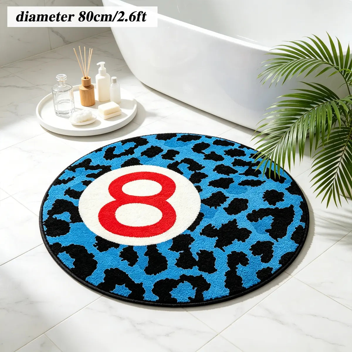 8 Ball Leopard Print Round Rug for Game Room, Man Cave, Dorm & Teen Bedroom, Soft Non-Slip Round Accent Rug, Anti Skid Rug, Perfect Retro Gift
