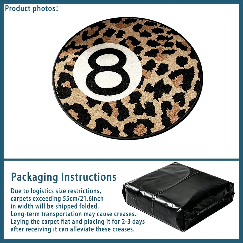 8 Ball Leopard Print Round Rug for Game Room, Man Cave, Dorm & Teen Bedroom, Soft Non-Slip Round Accent Rug, Anti Skid Rug, Perfect Retro Gift