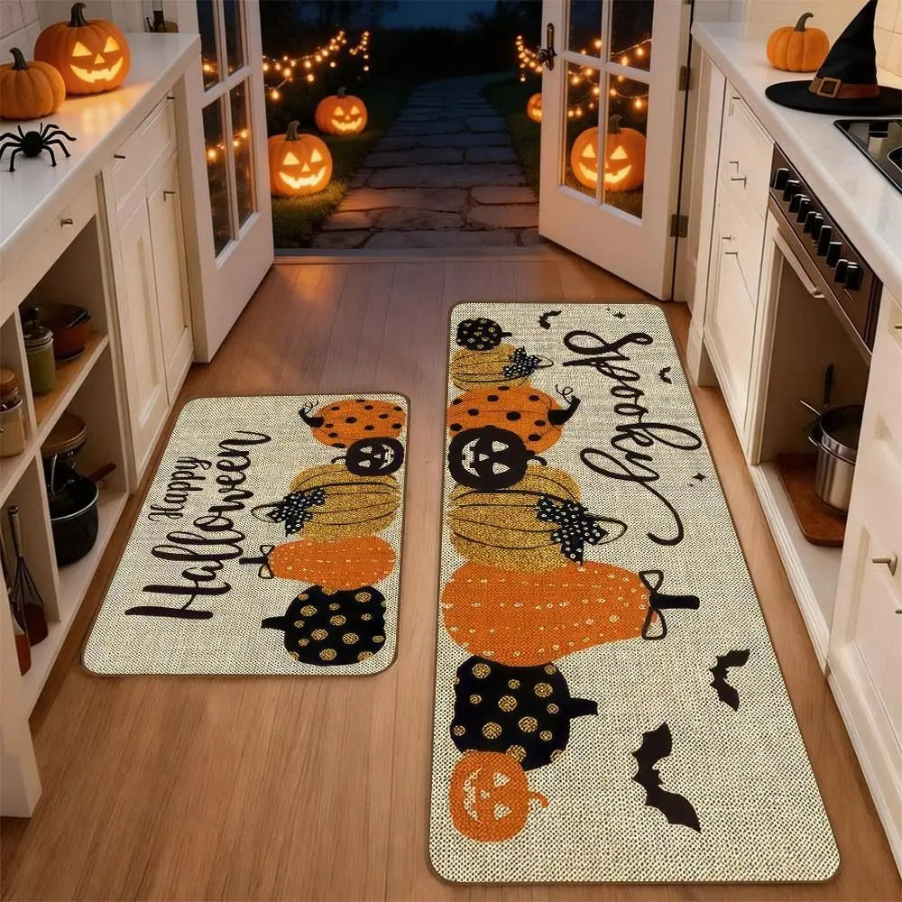 Set of 2 Halloween Pumpkin Style Kitchen Rugs, Washable Non-Slip, Low Profile Floor Mats for Kitchen, Laundry Room, Hallway, Entrance Mat