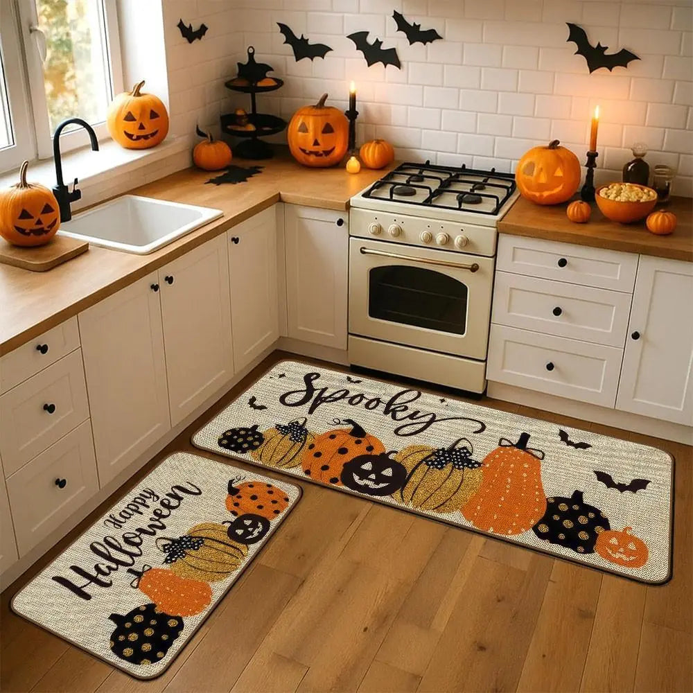 Set of 2 Halloween Pumpkin Style Kitchen Rugs, Washable Non-Slip, Low Profile Floor Mats for Kitchen, Laundry Room, Hallway, Entrance Mat
