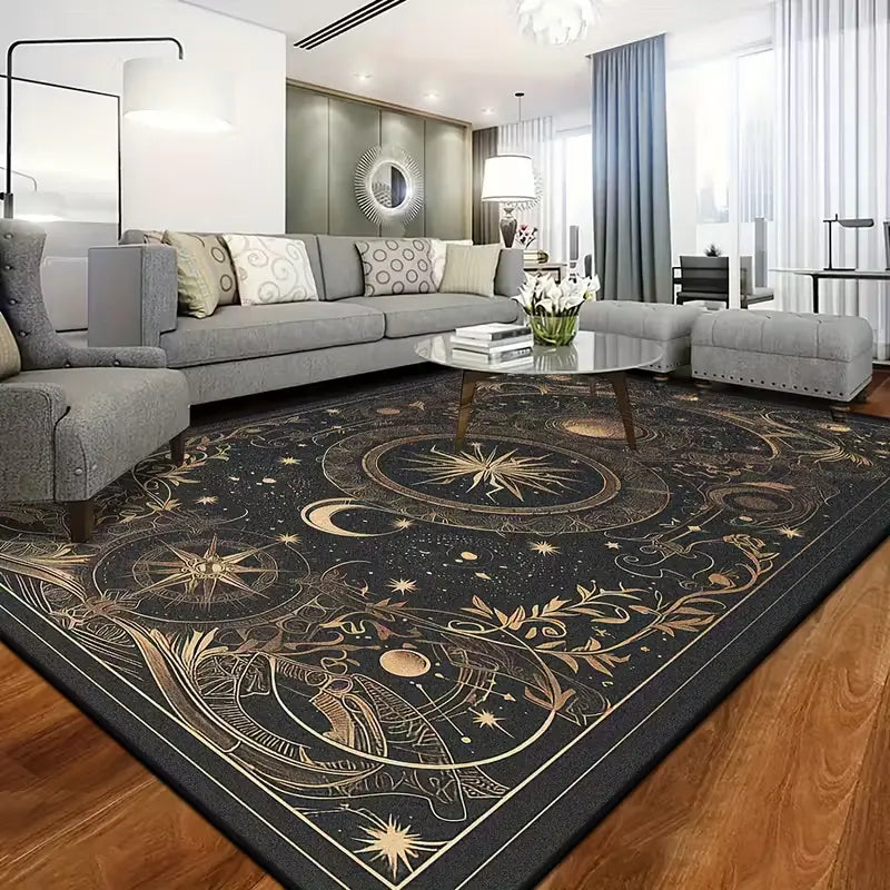 Boho Celestial Print Velvet Vintage Sun Pattern Rug - Low Pile, Machine Washable, Wrinkle Resistant, Stain Resistant for Living Room, Bedroom Use