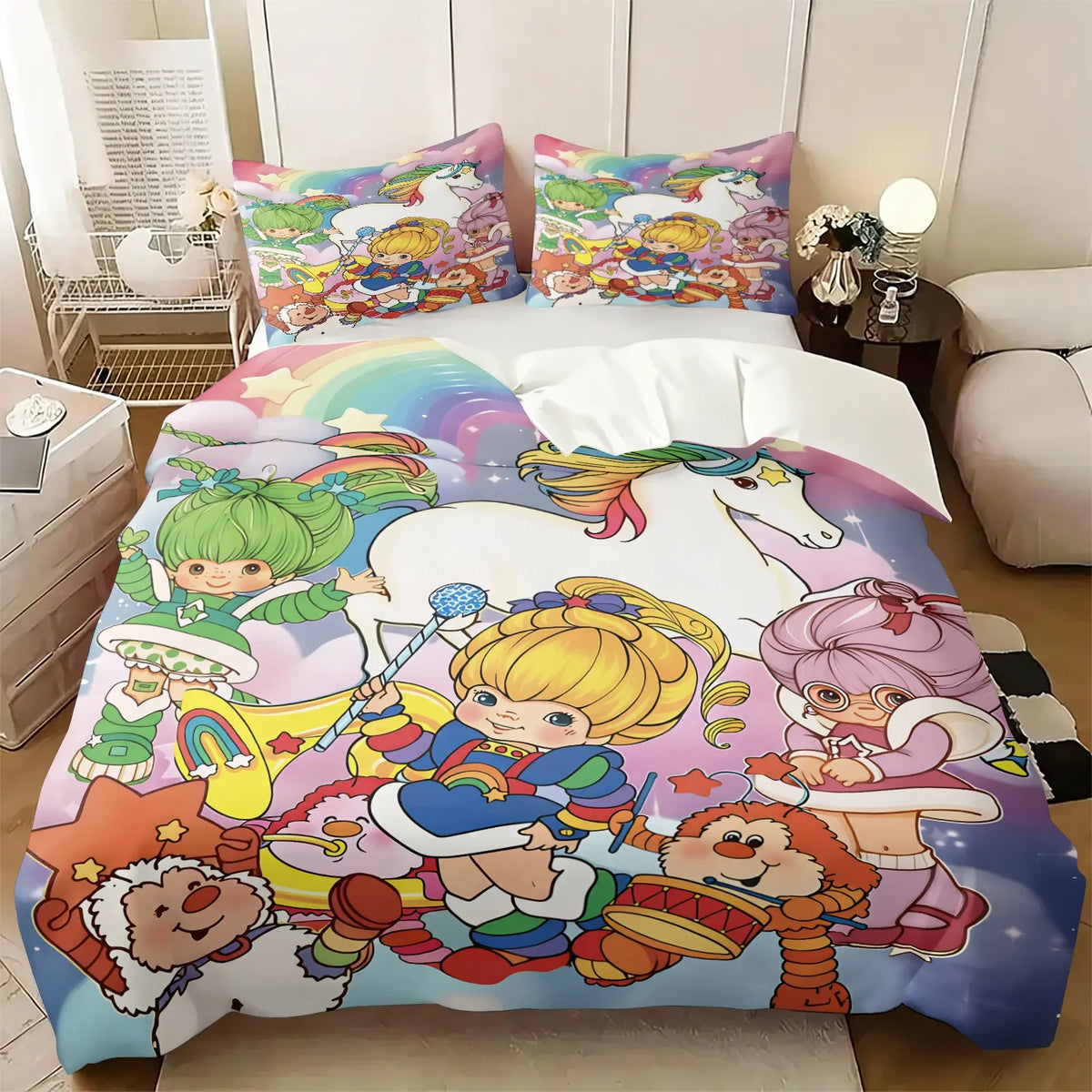 Light Green Strawberry Girl Cartoon Duvet Cover Set-1 Duvet & 1-2 Pillowcases-Strawberry Girl with Pink Kitten, Strawberry and Cupcake-Comfortable Breathable-Kids Bedroom Decor-Nostalgic Gift for Fans