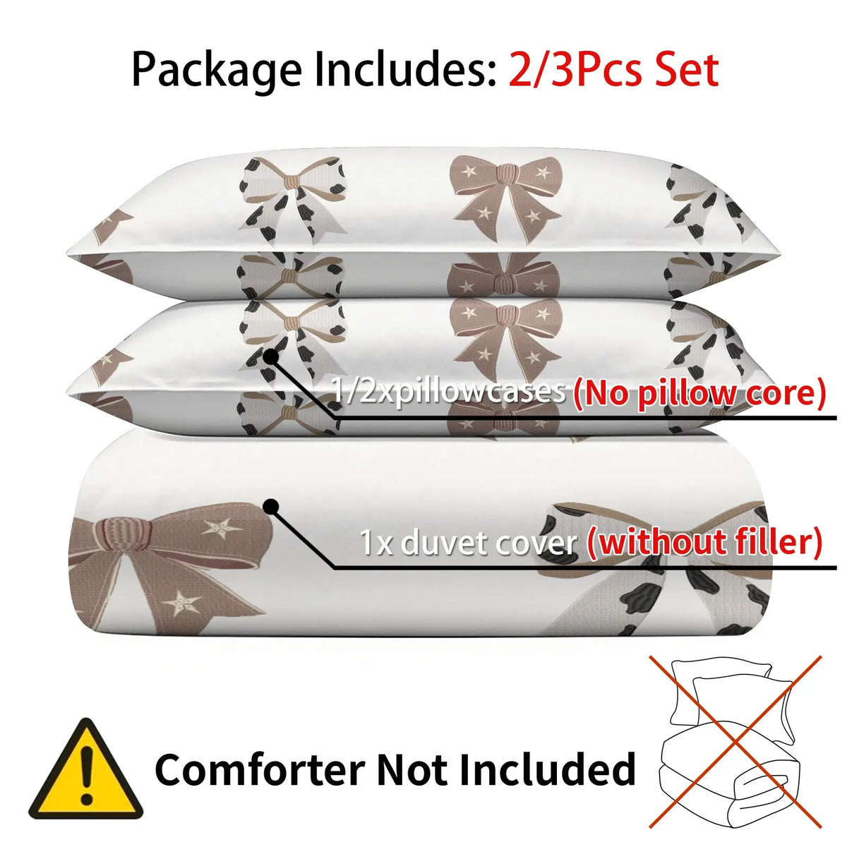 Milk Tea Color Cow Print Bow Duvet Cover Set-1 Duvet and 1-2 Coreless Pillowcases-Star-Decorated Bow and Cow Print Patchwork Bow-Soft Breathable-Vintage Gentel Style for Kids' & Girls' Bedroom Decor