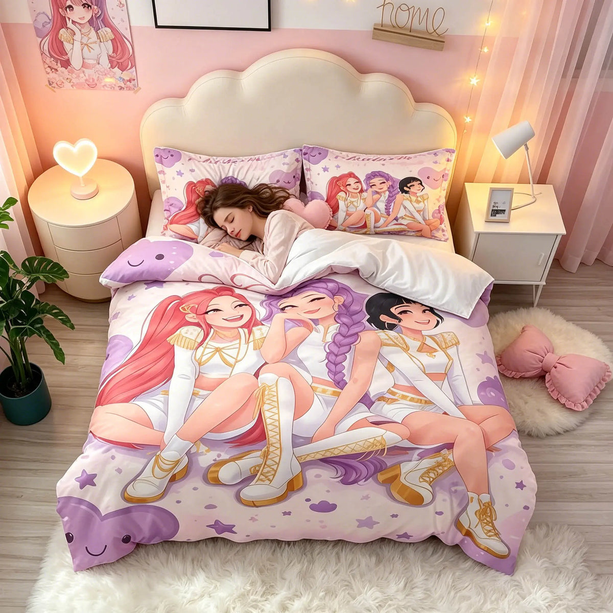 3-Piece Cartoon Anime Girl Pattern Duvet Cover Set, Soft Comfortable Fabric, No Padding, Ideal for Bedroom, Hotel, School Dormitory, Cute Bedding