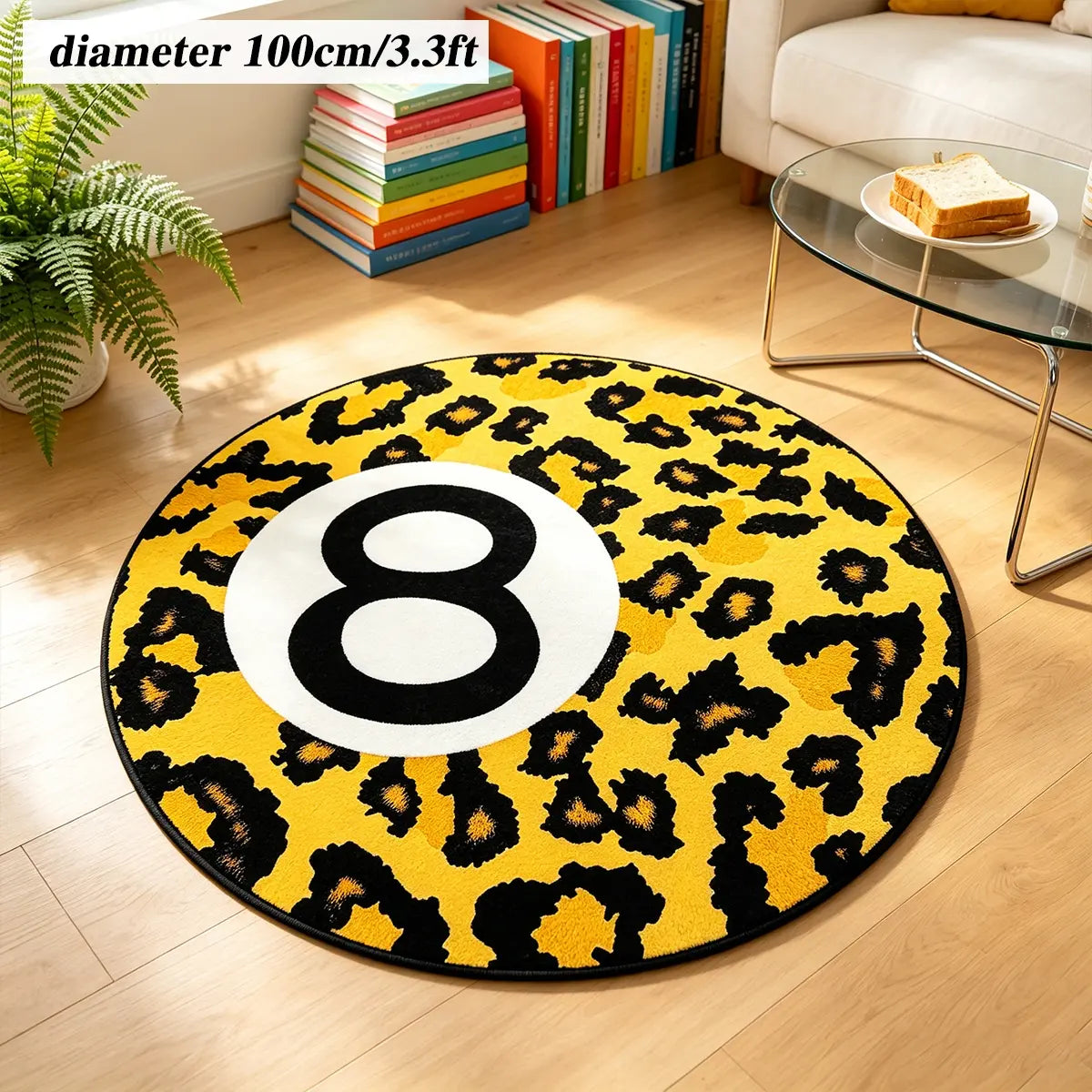 8 Ball Leopard Print Round Rug for Game Room, Man Cave, Dorm & Teen Bedroom, Soft Non-Slip Round Accent Rug, Anti Skid Rug, Perfect Retro Gift