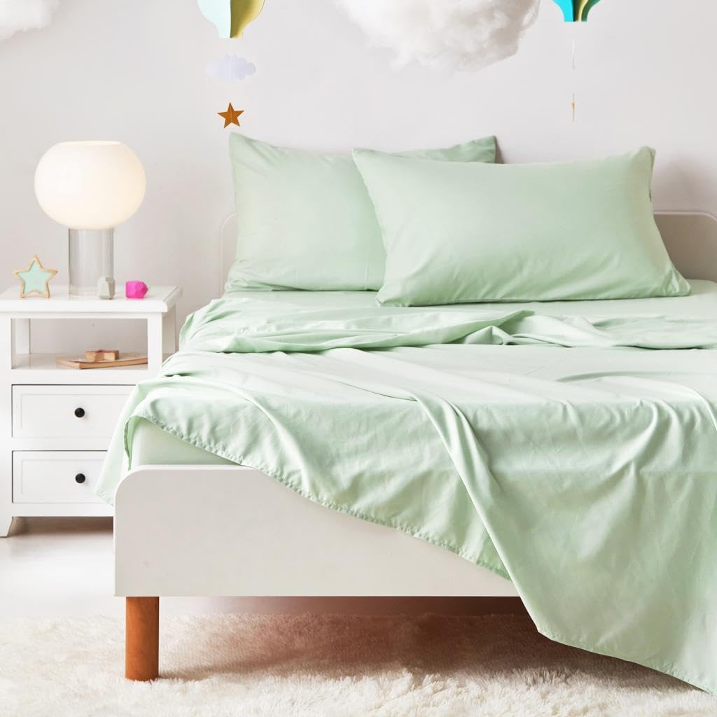 Wake In Cloud - Floral Bedding Set for Girls, Cute Colorful Botanical Flowers Deers Patterned Soft Lightweight Comforter Set with Sheets, 5 Pieces Kids Bed in a Bag, Green Cream, Twin Size
