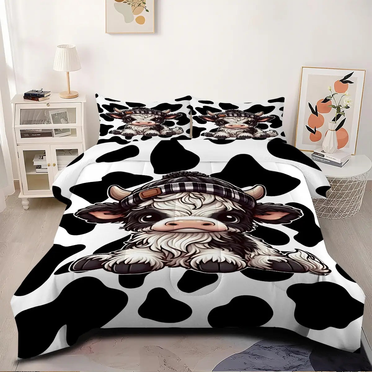 2/3pcs Beautiful Comforter Set - Adorable Cow Print Comforter Set, Playful Animal Pattern Bedding Set for Kids & Teens, Soft & Cozy Aesthetic Bedroom Decor, Easy Care Breathable Comforter Set for Stylish Home Makeover Pillow Insert Not Included