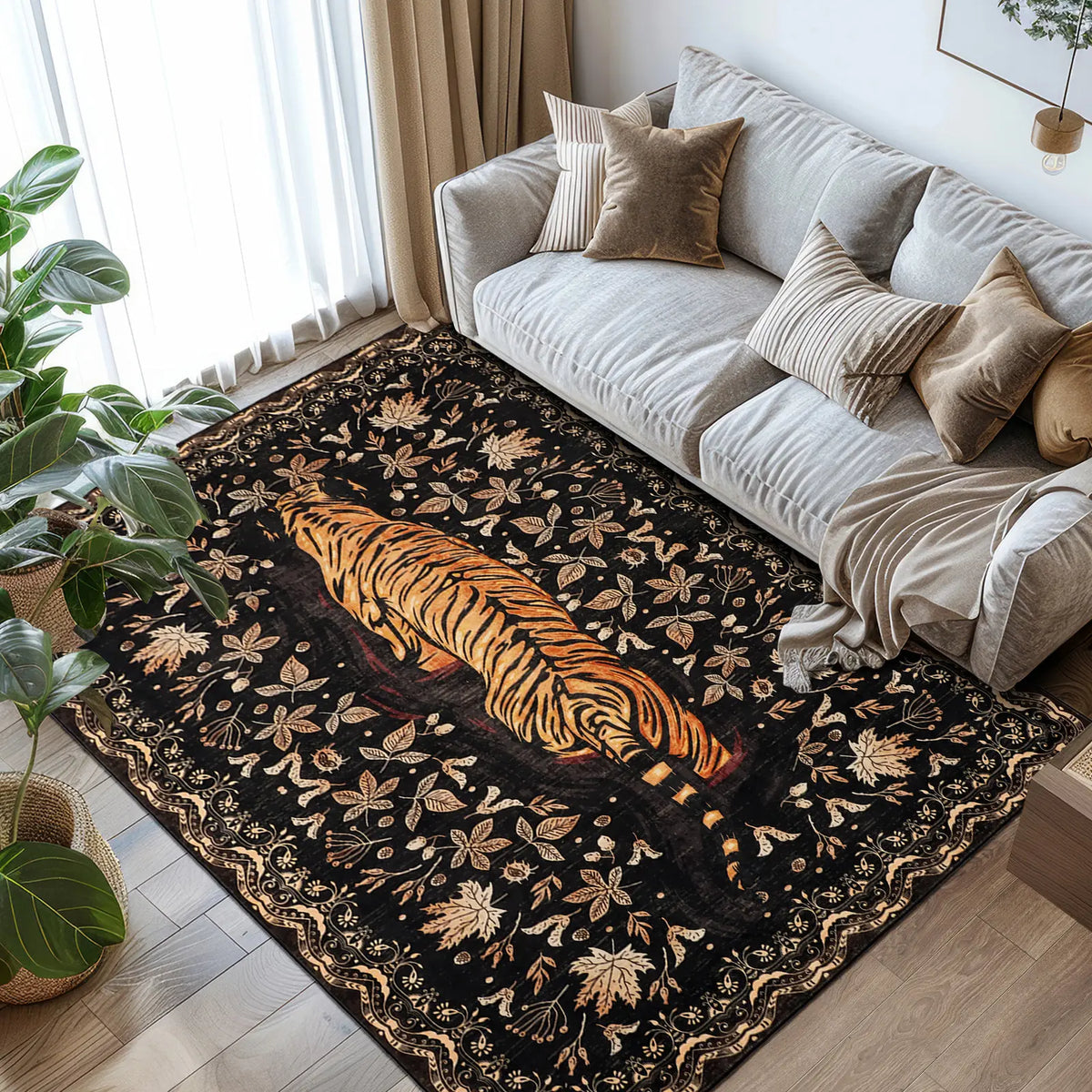 Geanup Tiger Area Rug - Green, Washable, Non-Slip, Soft Botanical Low-Pile Decorative Animal Floor Rug for Living Room House Decor, Area Rugs