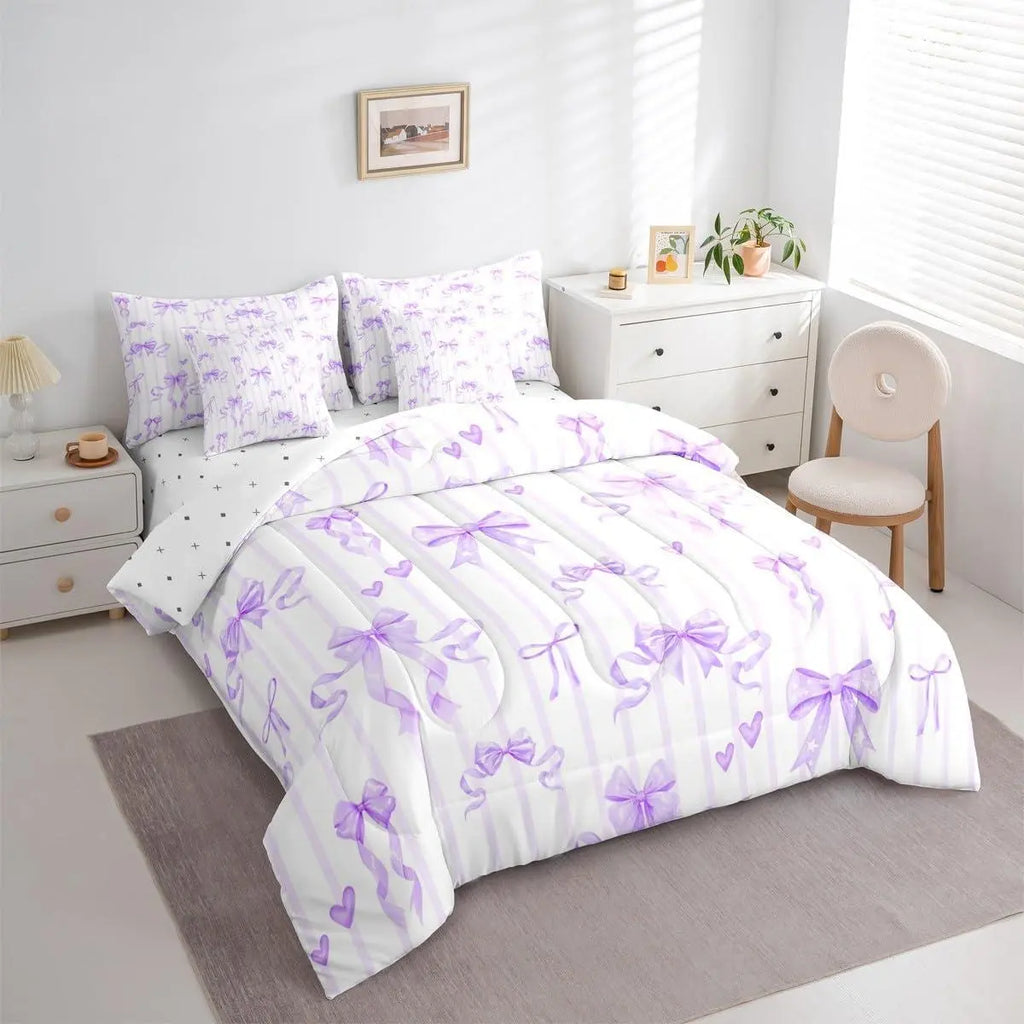 Feelyou 7-Pieces Princess Purple Ribbon Bow Bedding Set - Ribbon Bow Bed Bag with Sheets, Love Heart Bowknot Comforter, Purple Stripes Romantic Soft Furnishings for Girls, Bed Comforter Set