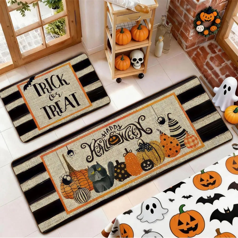 Set of 2 Halloween Pumpkin Style Kitchen Rugs, Washable Non-Slip, Low Profile Floor Mats for Kitchen, Laundry Room, Hallway, Entrance Mat