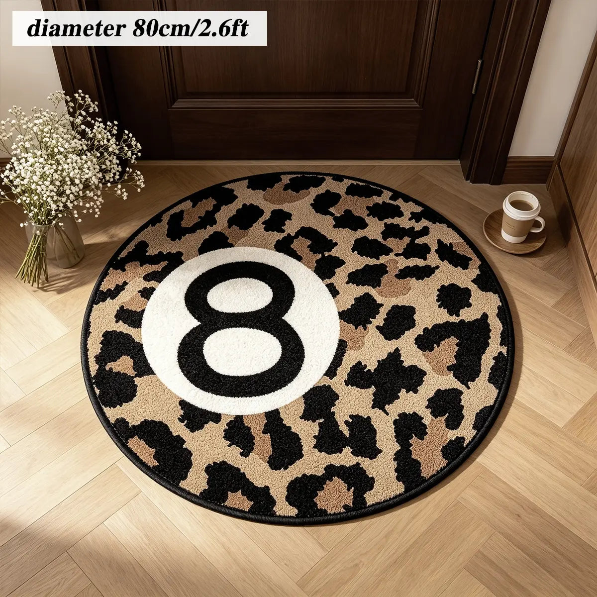 8 Ball Leopard Print Round Rug for Game Room, Man Cave, Dorm & Teen Bedroom, Soft Non-Slip Round Accent Rug, Anti Skid Rug, Perfect Retro Gift