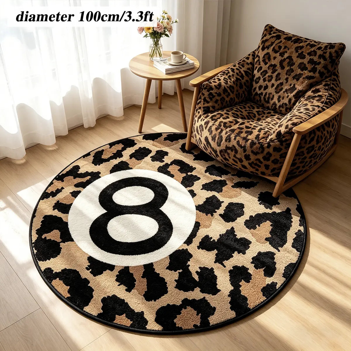 8 Ball Leopard Print Round Rug for Game Room, Man Cave, Dorm & Teen Bedroom, Soft Non-Slip Round Accent Rug, Anti Skid Rug, Perfect Retro Gift