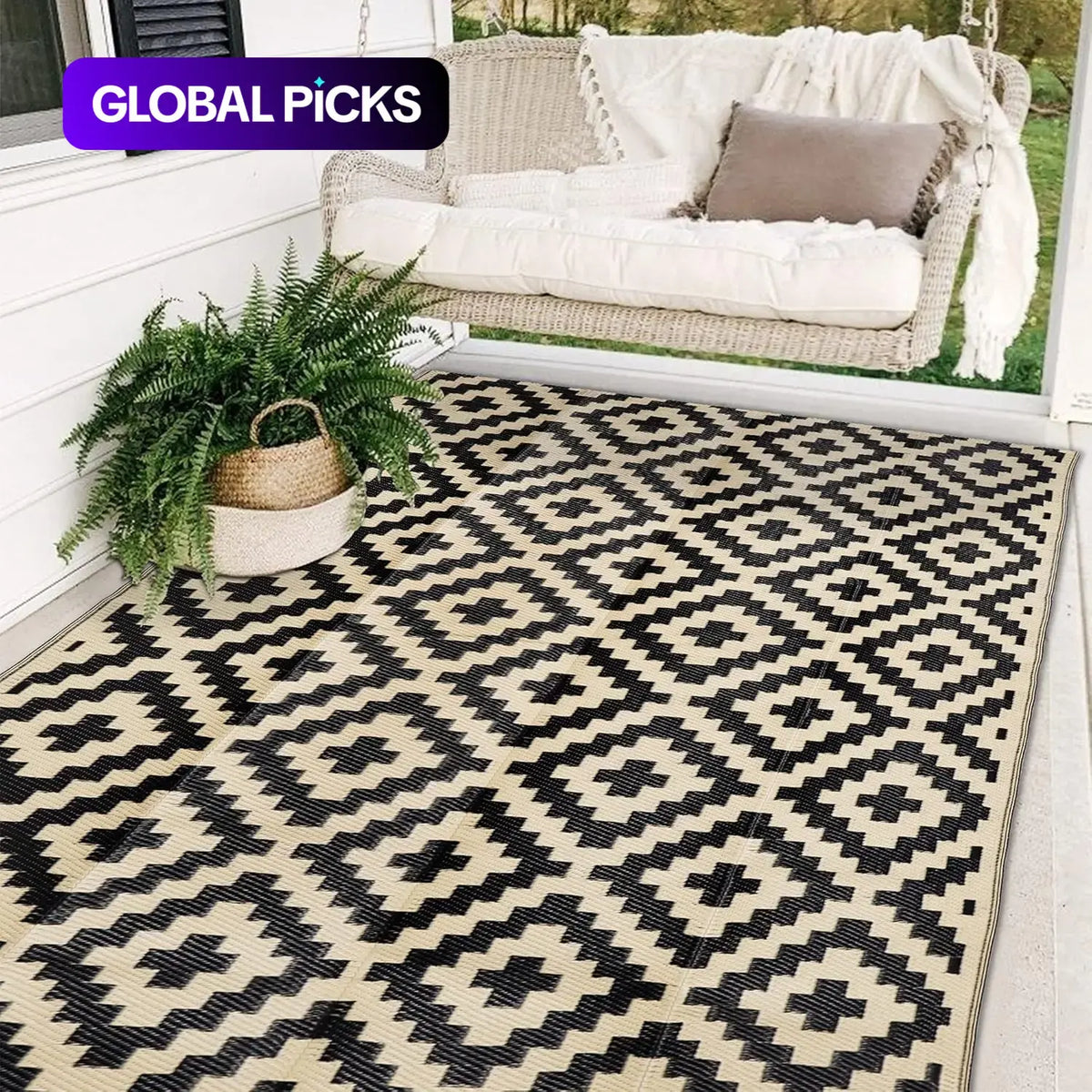 Geometric Pattern Waterproof Double-Sided Outdoor Rug, Outside Rug, 1 Count Modern Checkered Area Rug for RV, Terrace, Backyard, Deck, Beach and Camping Patio Rug #GLOBAL PICKS