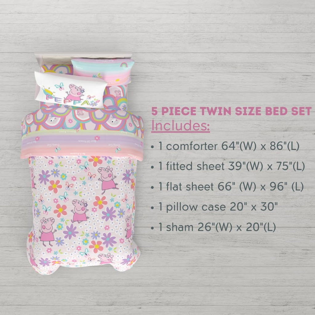 Peppa Pig Kids Bedding Super Soft & Cozy Reversible Microfiber Comforter and Sheet Set with Sham, 5 Piece Twin Size, (Officially Licensed Product) By Franco