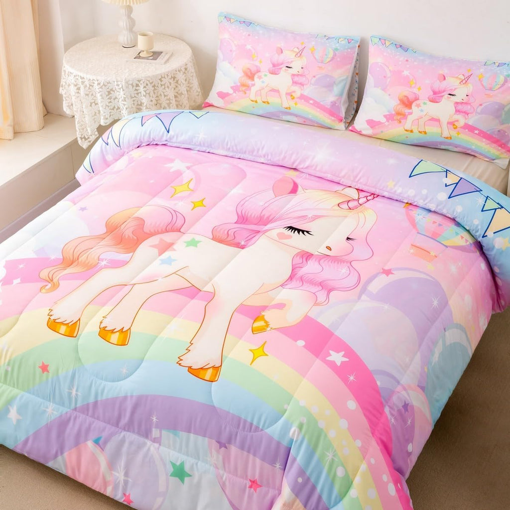 Feelyou Unicorn Girls Bedding Set Twin Rainbow Kids Pink Unicorn Comforter Set Kawaii Cute Reversible Stars Duvet Quilt Teens Children Adults Cartoon Unicorn Room Decor All Season