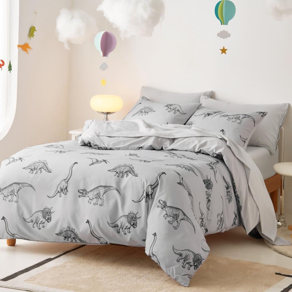 Wake In Cloud - Dinosaur Bedding Set for Boys, Dinosaur Sketch Patterned Soft Lightweight Comforter Set with Sheets, 5 Pieces Kids Bed in a Bag, Gray, Twin Size