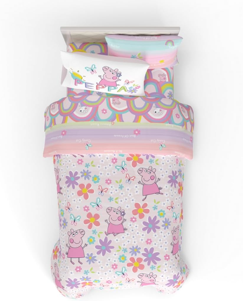 Peppa Pig Kids Bedding Super Soft & Cozy Reversible Microfiber Comforter and Sheet Set with Sham, 5 Piece Twin Size, (Officially Licensed Product) By Franco