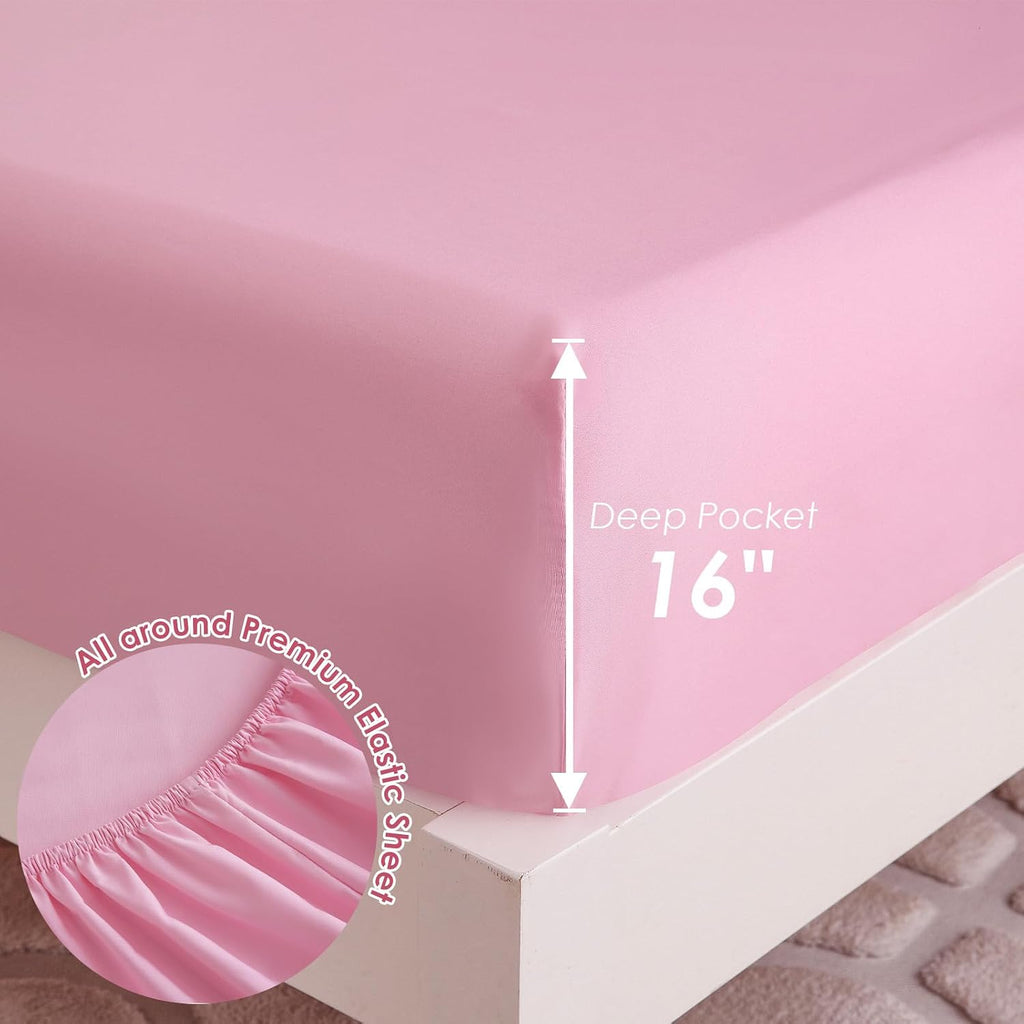 Twin Size Pink Check Comforter Set for Kids, Toddler, Boys&Girls, 4 Pieces Bed-in-a-Bag Bedding Set, All Season Ultra Soft Oeko TEX Sheets Set with Comforter, (Pink Bow)