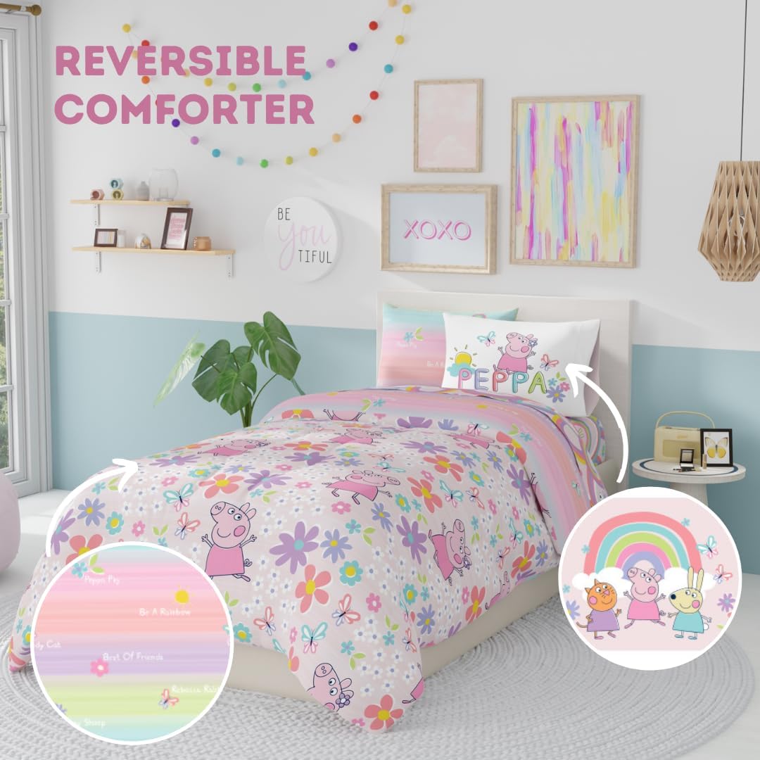 Peppa Pig Kids Bedding Super Soft & Cozy Reversible Microfiber Comforter and Sheet Set with Sham, 5 Piece Twin Size, (Officially Licensed Product) By Franco