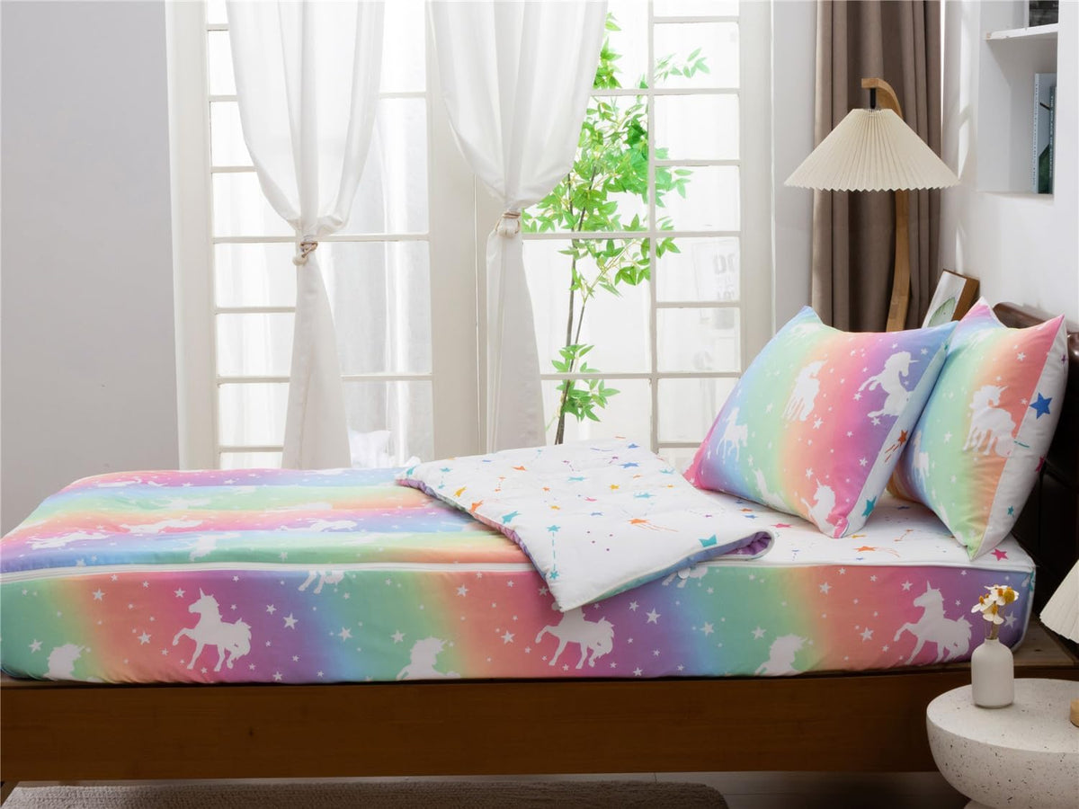 NTBED Unicorn Zipper Bedding Sets Twin for Kids Boys Lightweight Glow in Dark Comforter Set with Fitted Sheet Rainbow Pillow Covers