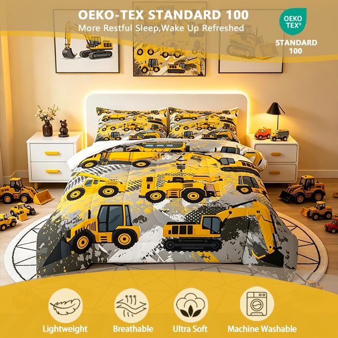 Feelyou Kids Construction Comforter Set Twin Bedding Sets for Boys Toddler Children Cartoon Cars Excavator Tractor Comforter Set Construction Machinery Truck Duvet Set Cars Bed Set with 1 Pillow Case