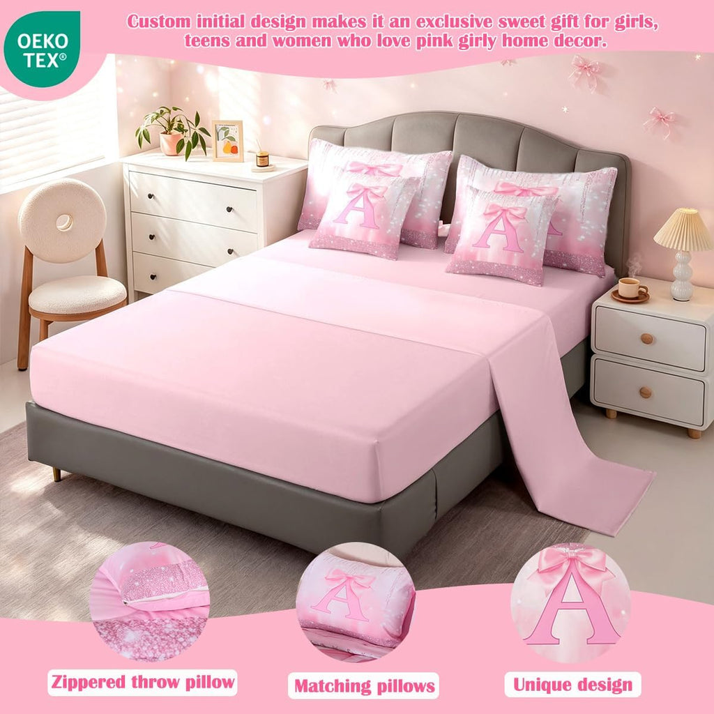 Feelyou Kids Pink Bowknot Bed in A Bag Twin Size, Personalized Initial A Comforter Set with Sheets Princess Glitter 7 Pieces Bedding Set Boys Girls Bow Alphabet Teens Bed Set Bedroom Decor 7Pcs