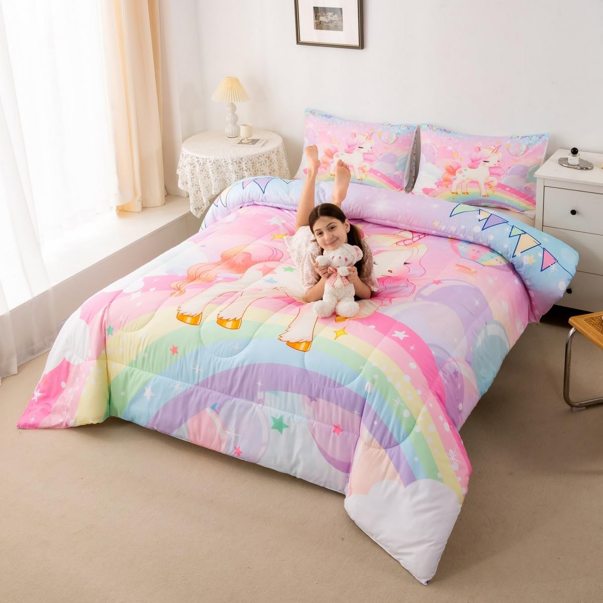 Feelyou Unicorn Girls Bedding Set Twin Rainbow Kids Pink Unicorn Comforter Set Kawaii Cute Reversible Stars Duvet Quilt Teens Children Adults Cartoon Unicorn Room Decor All Season