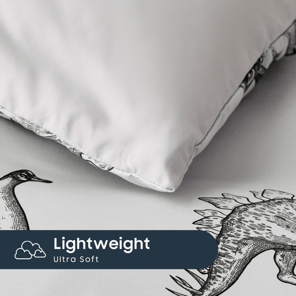 Wake In Cloud - Dinosaur Bedding Set for Boys, Dinosaur Sketch Patterned Soft Lightweight Comforter Set with Sheets, 5 Pieces Kids Bed in a Bag, Gray, Twin Size