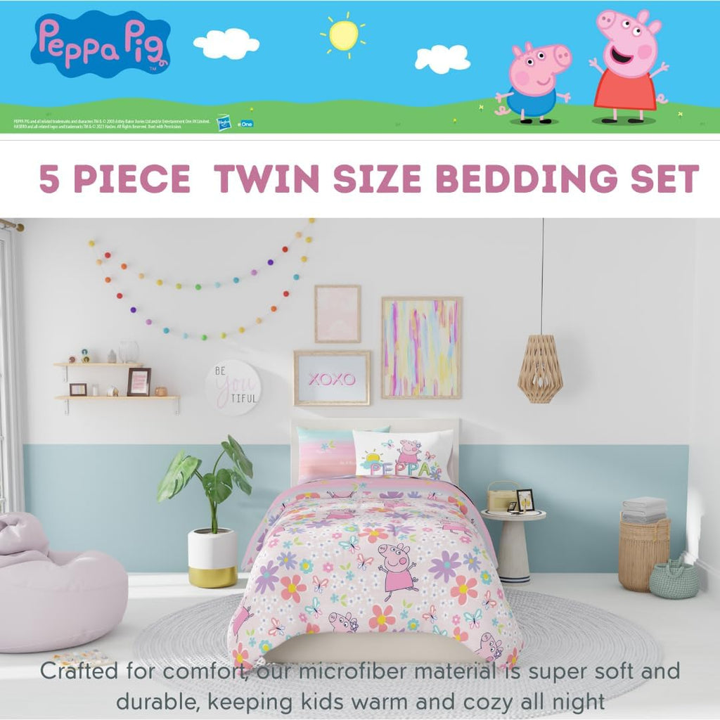Peppa Pig Kids Bedding Super Soft & Cozy Reversible Microfiber Comforter and Sheet Set with Sham, 5 Piece Twin Size, (Officially Licensed Product) By Franco