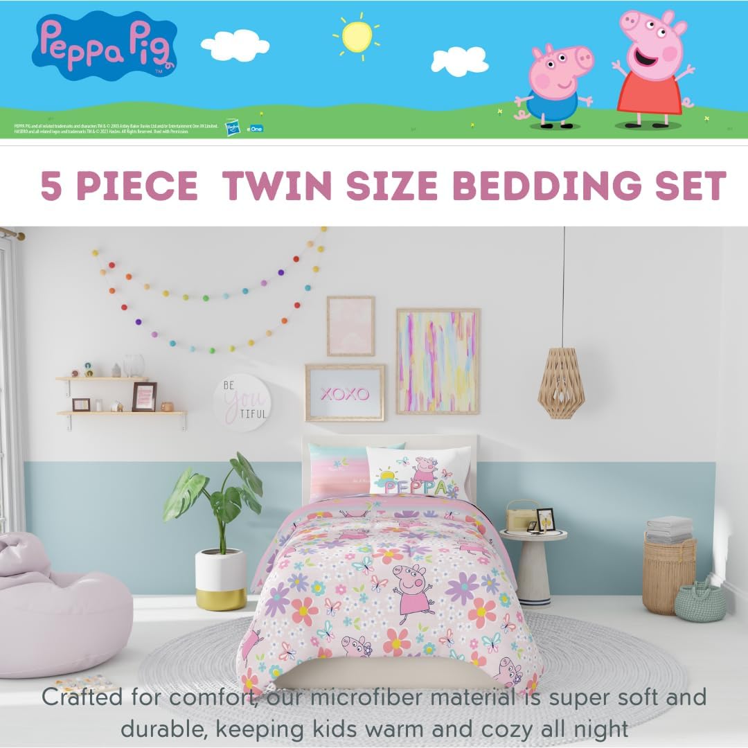 Peppa Pig Kids Bedding Super Soft & Cozy Reversible Microfiber Comforter and Sheet Set with Sham, 5 Piece Twin Size, (Officially Licensed Product) By Franco