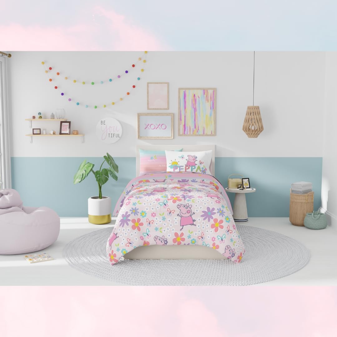 Peppa Pig Kids Bedding Super Soft & Cozy Reversible Microfiber Comforter and Sheet Set with Sham, 5 Piece Twin Size, (Officially Licensed Product) By Franco