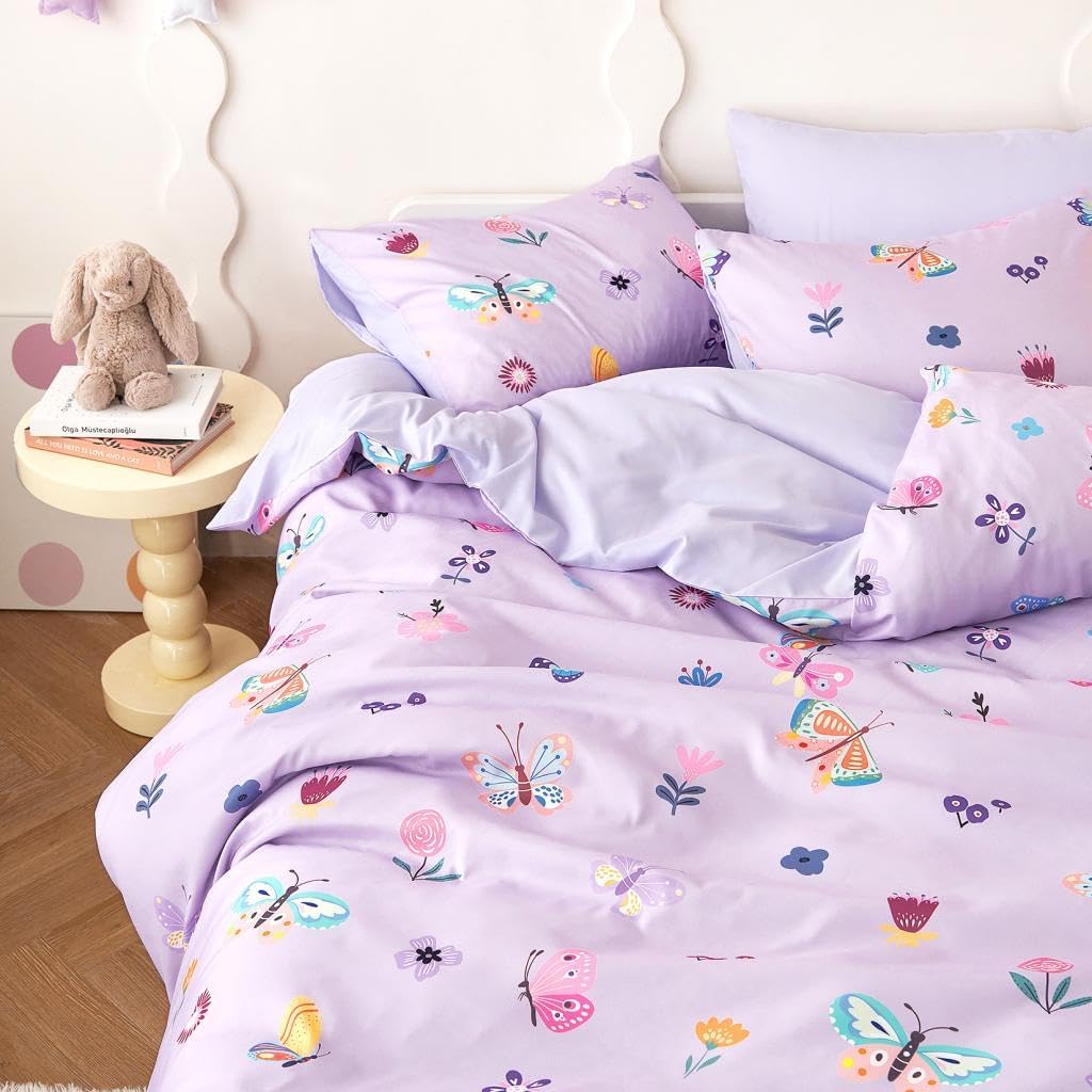 Wake In Cloud - Butterfly Bedding Set for Girls, Cute Colorful Butterfly Flowers Floral Comforter Set with Sheets, 5 Pieces Kids Bed in a Bag, Purple, Twin Size