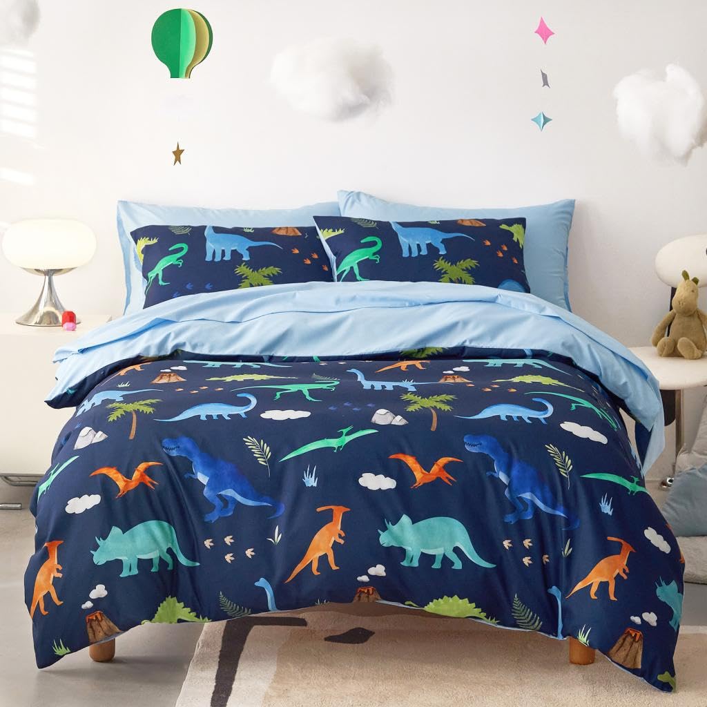 Wake In Cloud - Dinosaur Bedding Set for Boys, Cute Colorful Dinosaur Dino, Soft Lightweight Comforter Set with Sheets, 5 Pieces Kids Bed in a Bag, Dark Green, Twin Size