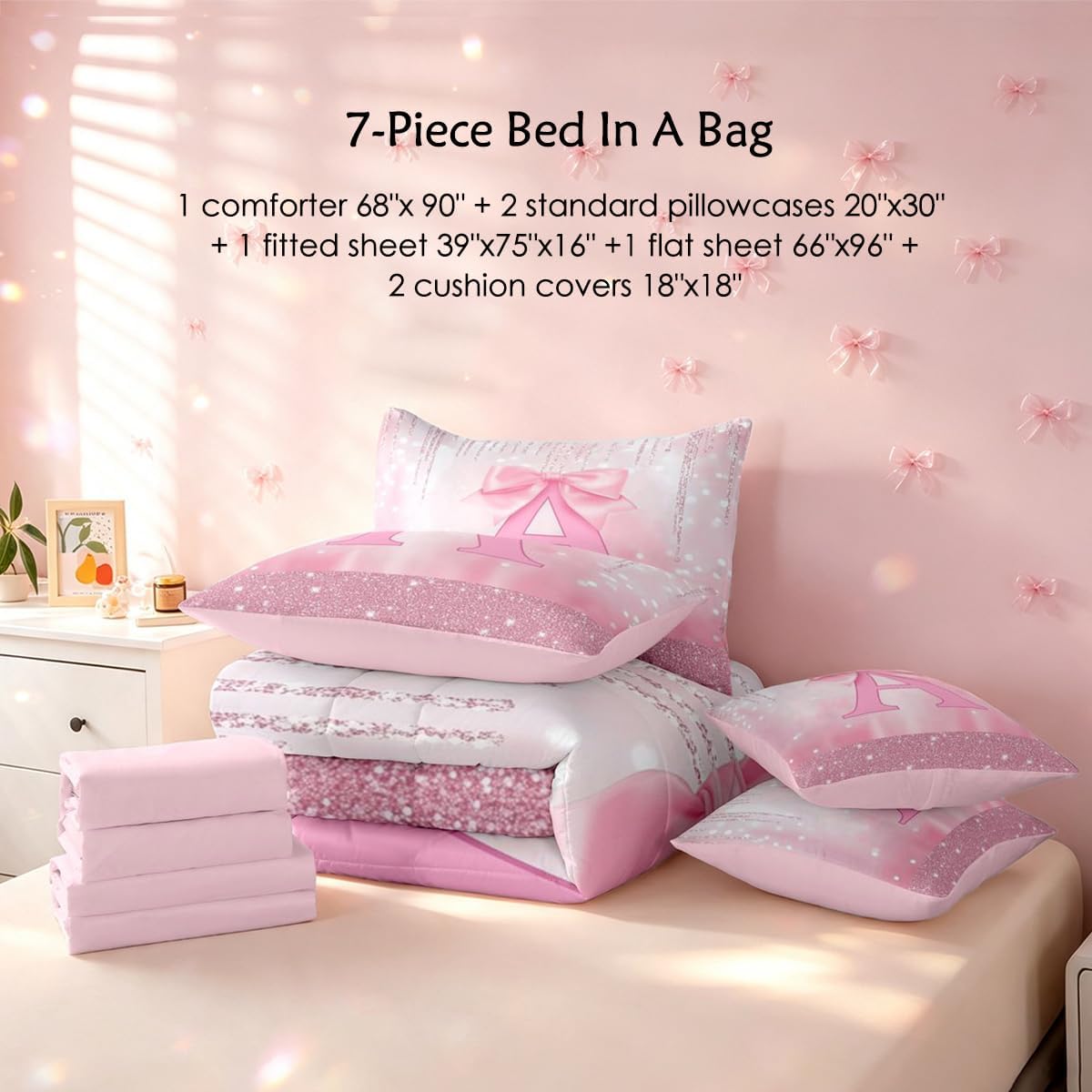 Feelyou Kids Pink Bowknot Bed in A Bag Twin Size, Personalized Initial A Comforter Set with Sheets Princess Glitter 7 Pieces Bedding Set Boys Girls Bow Alphabet Teens Bed Set Bedroom Decor 7Pcs