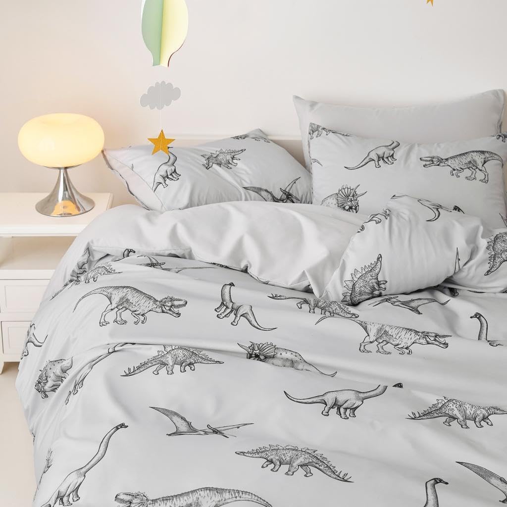 Wake In Cloud - Dinosaur Bedding Set for Boys, Dinosaur Sketch Patterned Soft Lightweight Comforter Set with Sheets, 5 Pieces Kids Bed in a Bag, Gray, Twin Size