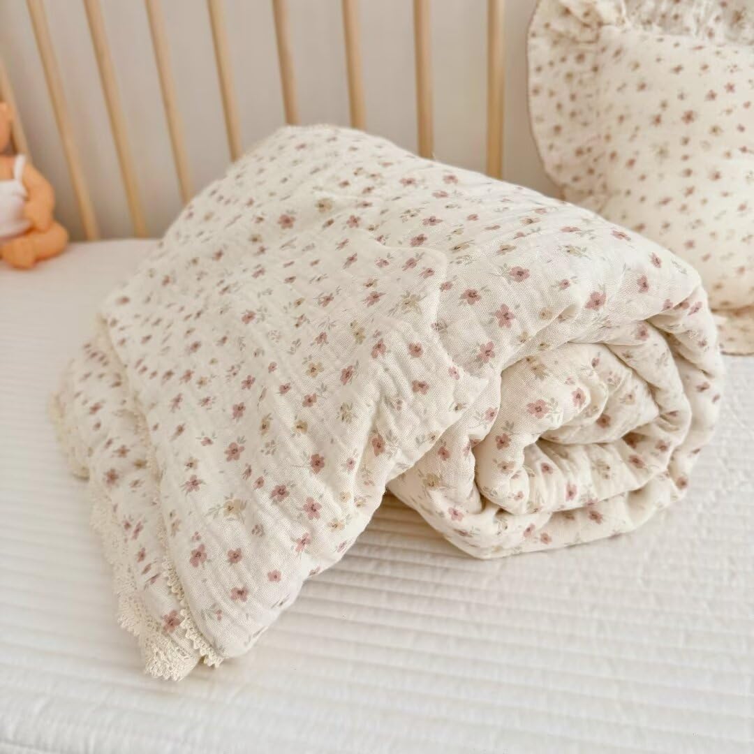 BuLuTu Carmine Flower Blanket for Girls Boys Muslin Cotton Toddler Quilt Kid Bed Soft Toddler Blankets Child Teen Bedding Decor Birthday Gifts, Camellia Pattern, 47x59 Inches