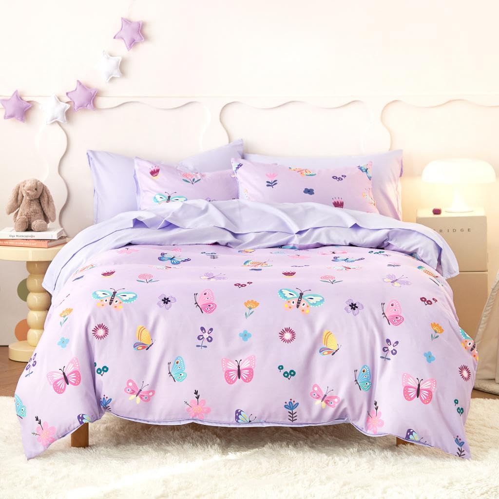 Wake In Cloud - Butterfly Bedding Set for Girls, Cute Colorful Butterfly Flowers Floral Comforter Set with Sheets, 5 Pieces Kids Bed in a Bag, Purple, Twin Size