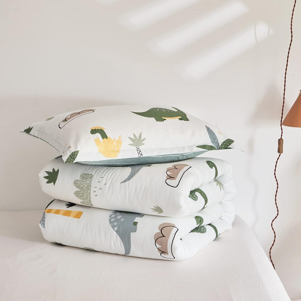 Joyreap Dinosaur Kids Cotton Comforter Set for Boys Girls, Twin Size 3pcs Cotton Bedding Comforter, Fresh Green Dinosaurs on White Design, Skin-Friendly Breathable for All Season- 68x88 inches