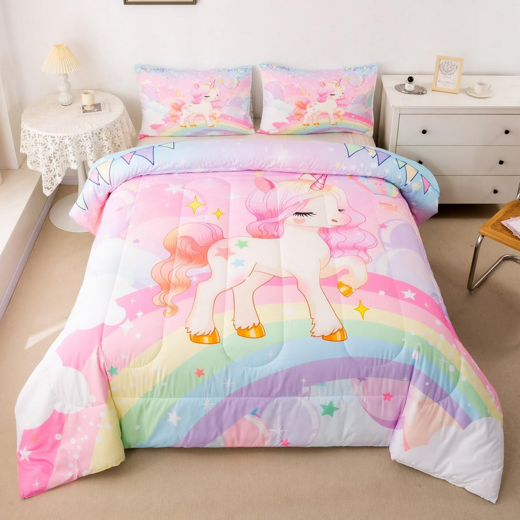 Feelyou Unicorn Girls Bedding Set Twin Rainbow Kids Pink Unicorn Comforter Set Kawaii Cute Reversible Stars Duvet Quilt Teens Children Adults Cartoon Unicorn Room Decor All Season