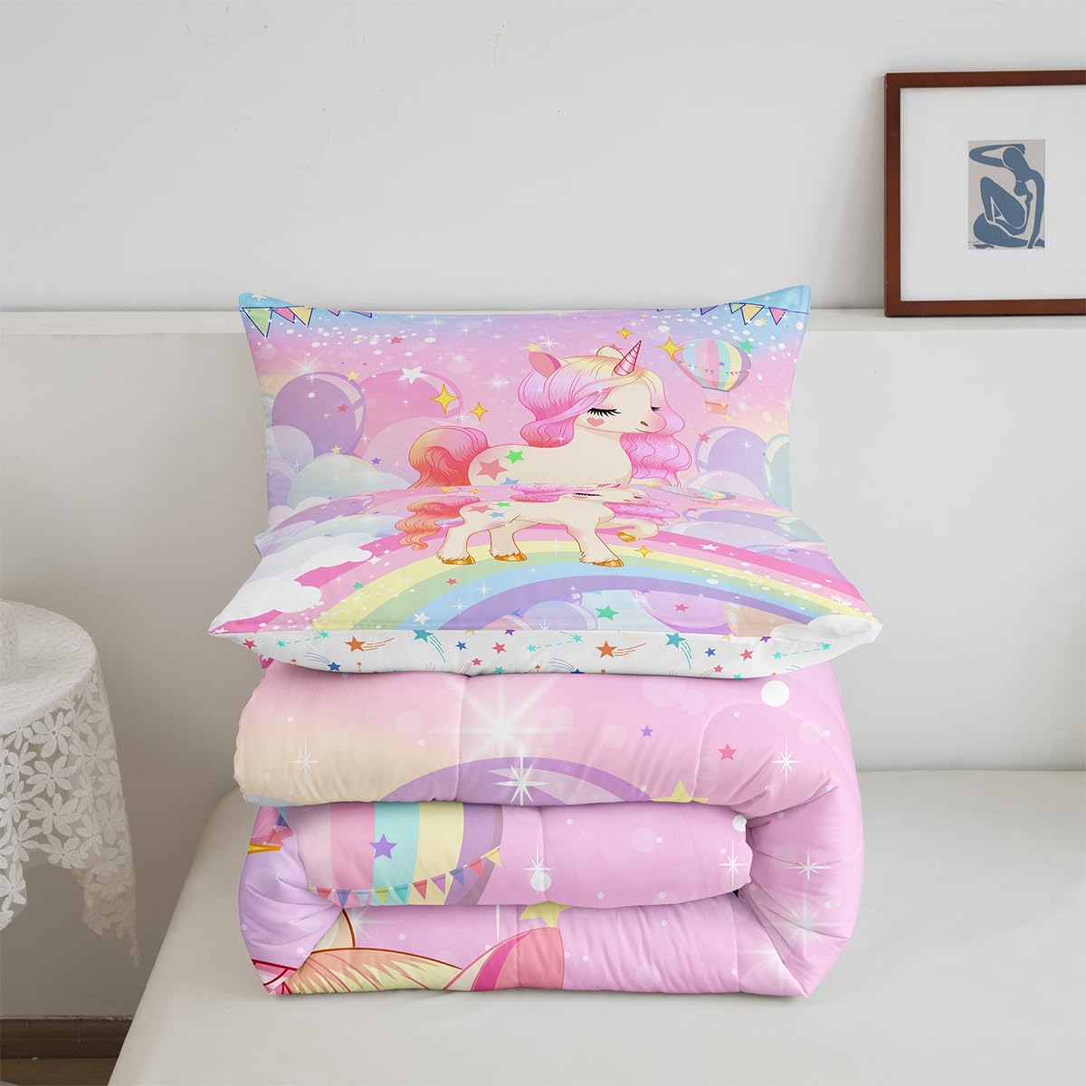 Feelyou Unicorn Girls Bedding Set Twin Rainbow Kids Pink Unicorn Comforter Set Kawaii Cute Reversible Stars Duvet Quilt Teens Children Adults Cartoon Unicorn Room Decor All Season