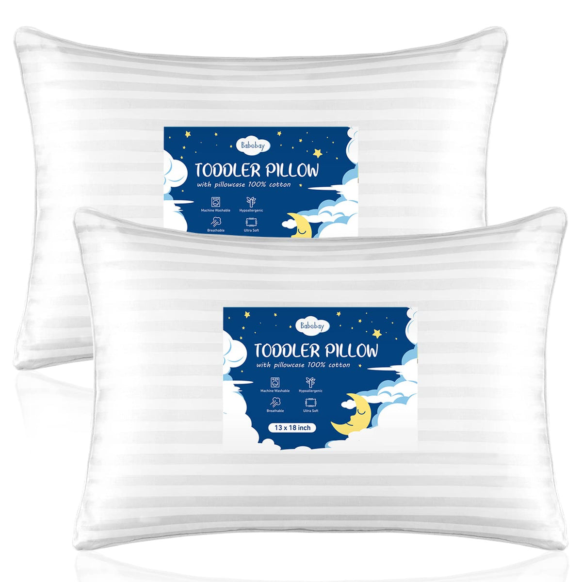 Babebay Toddler Pillow,13X18 Soft Toddler Pillows for Sleeping, Machine Washable Kids Pillow with Cotton Pillowcase, Perfect for Travel (White)