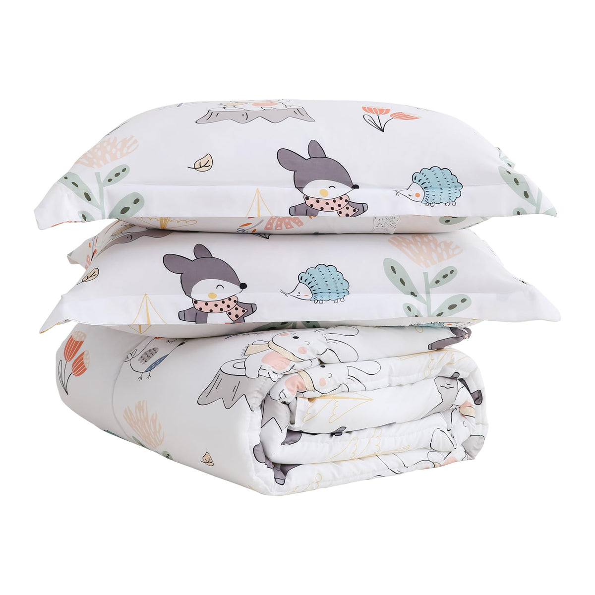 Yibeizi Kids Comforter Set for Boys Girls Full Size, Cute Quilted Woodland Forest Animal Print Fall Bedding with Pillow Sham, Lightweight Soft Breathable Machine Camping Themed Bed Set 3 Piece