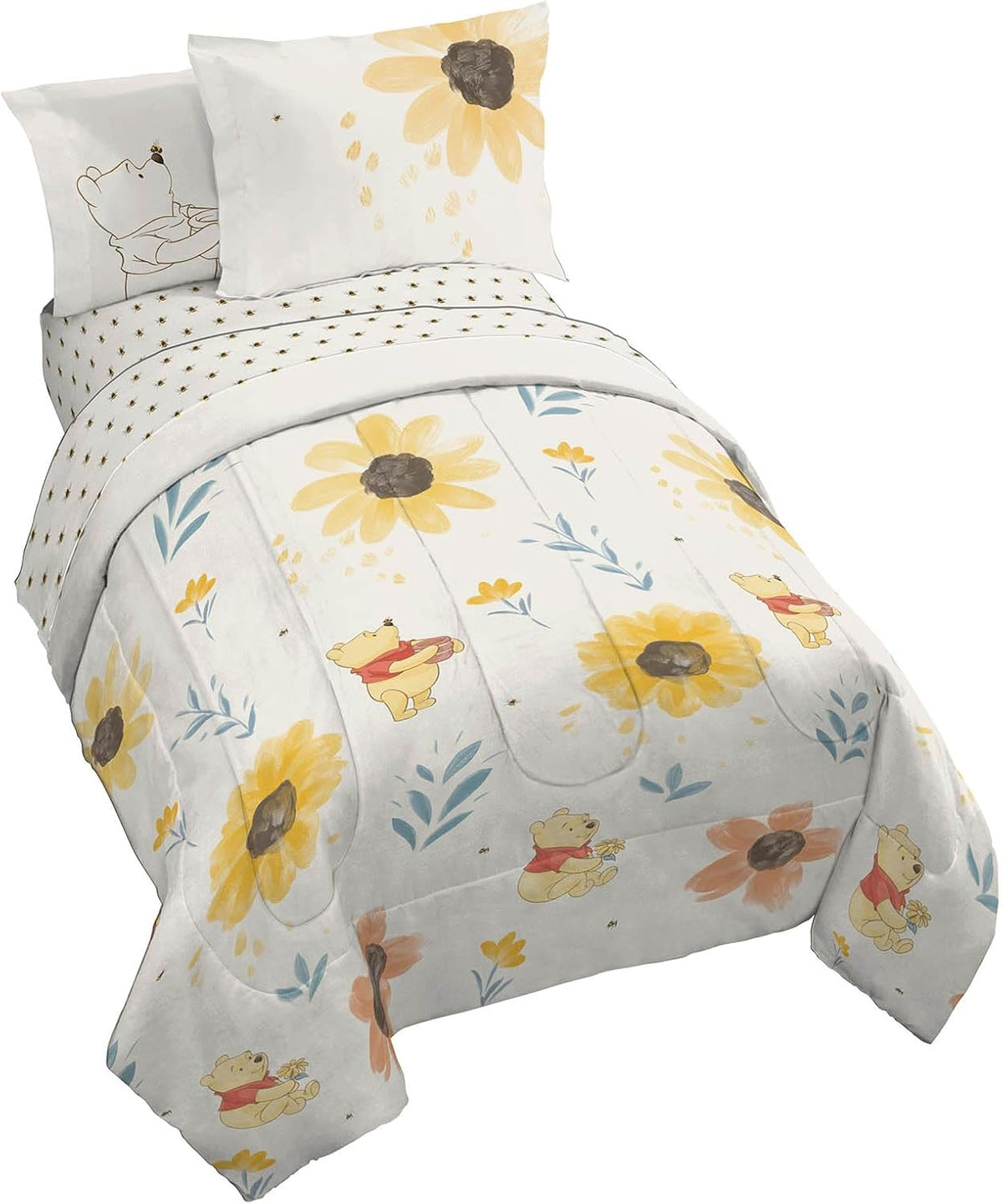 Disney Winnie The Pooh Twin Comforter Set 5 Piece Cartoon Bedding, Beige